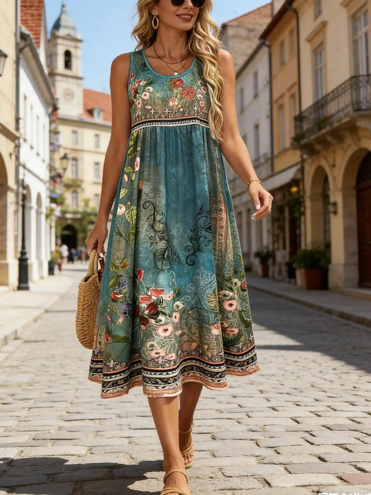 Women’s Boho Floral A-Line Midi Dress With High Waist