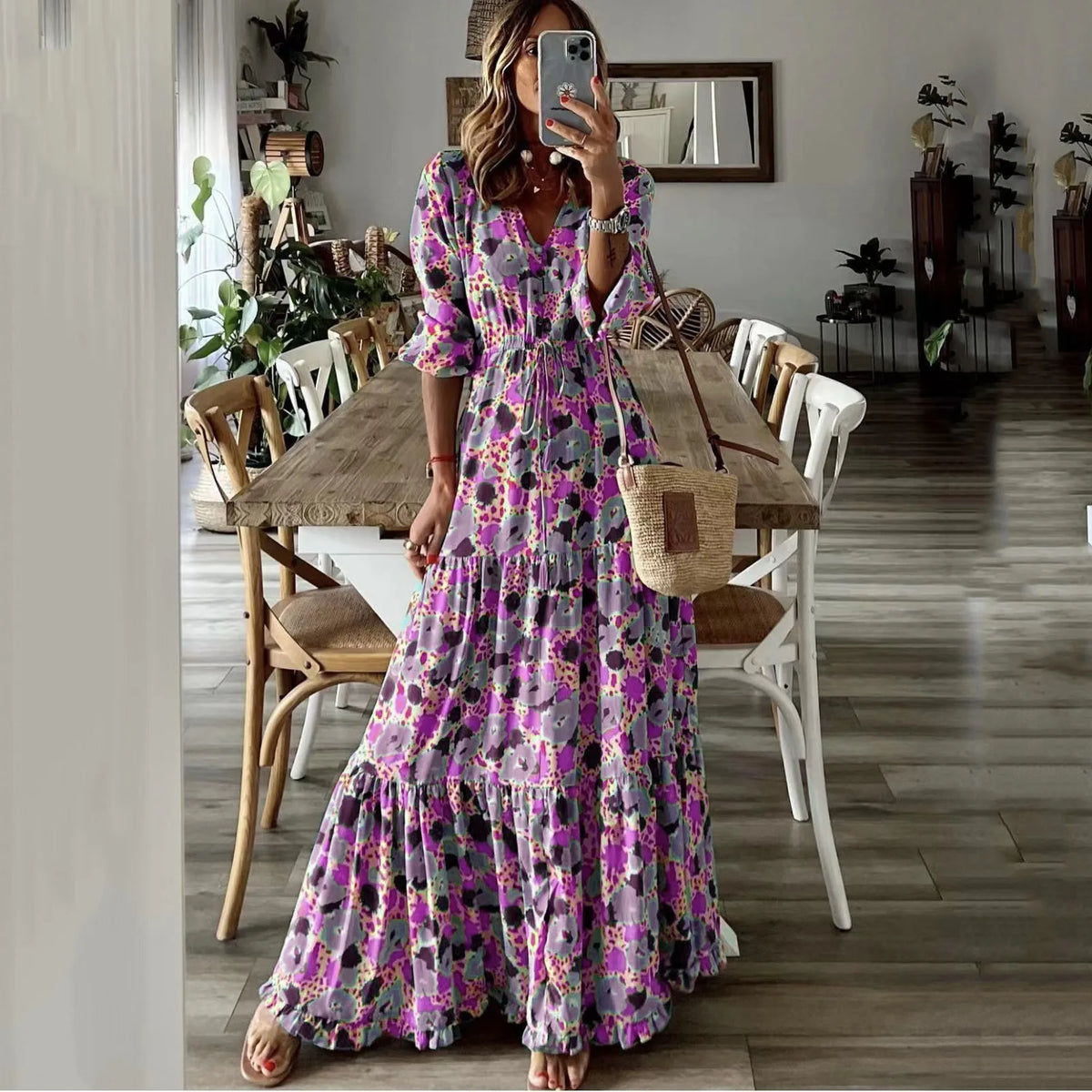 Gold Color Women’s Boho Print V-Neck Long Sleeve Maxi Dress