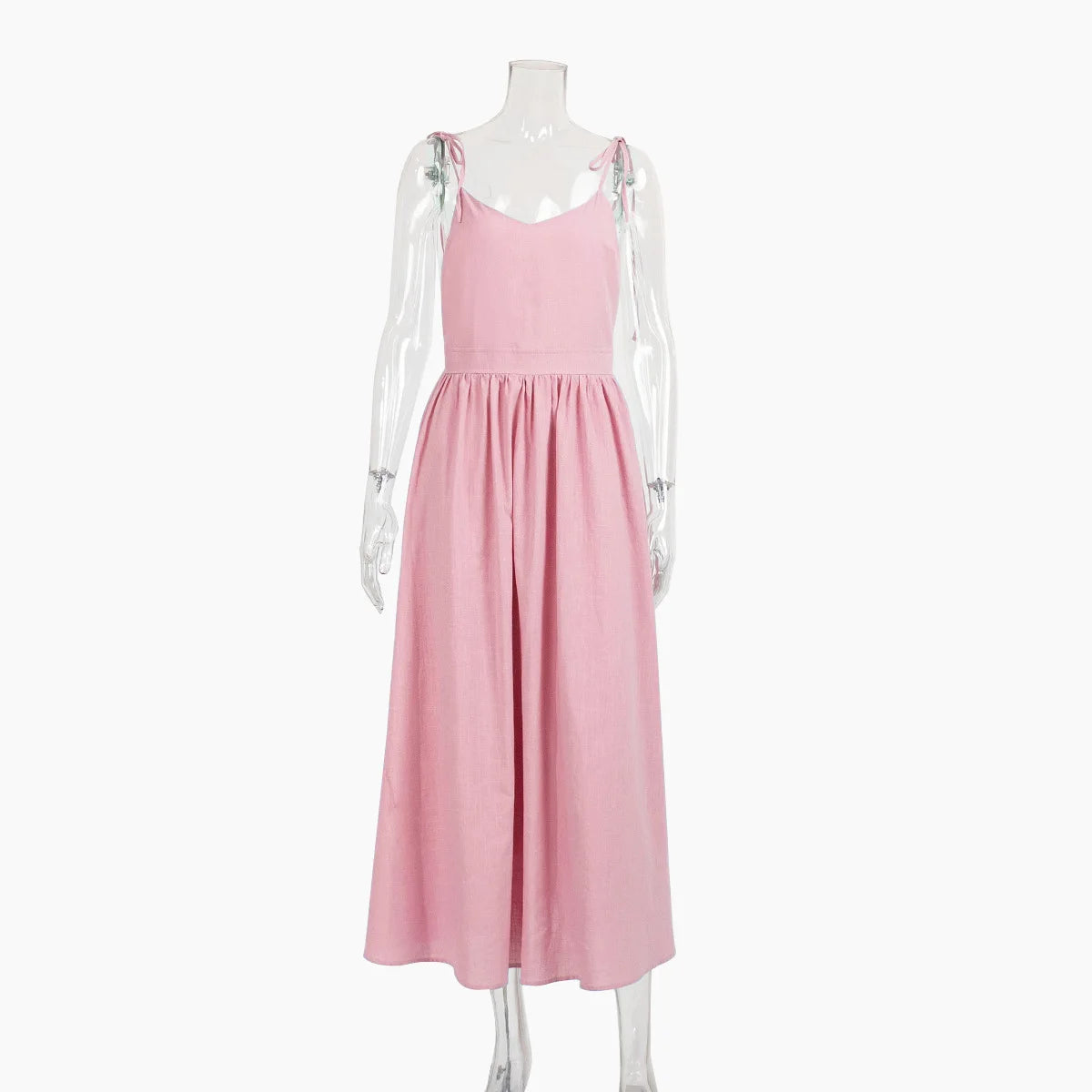 Pink Color Cotton V-Neck Beach Dress – Sleeveless A-Line Midi