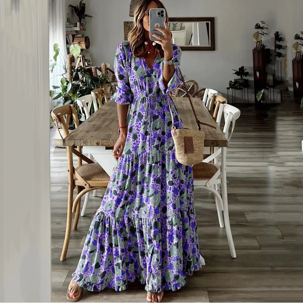 PURPLE Color Women’s Boho Print V-Neck Long Sleeve Maxi Dress