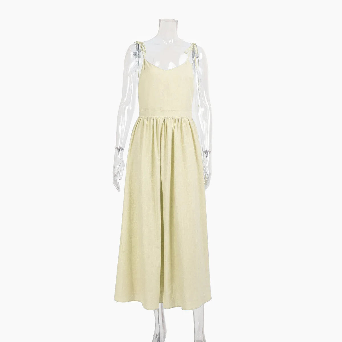Beige Color Cotton V-Neck Beach Dress – Sleeveless A-Line Midi