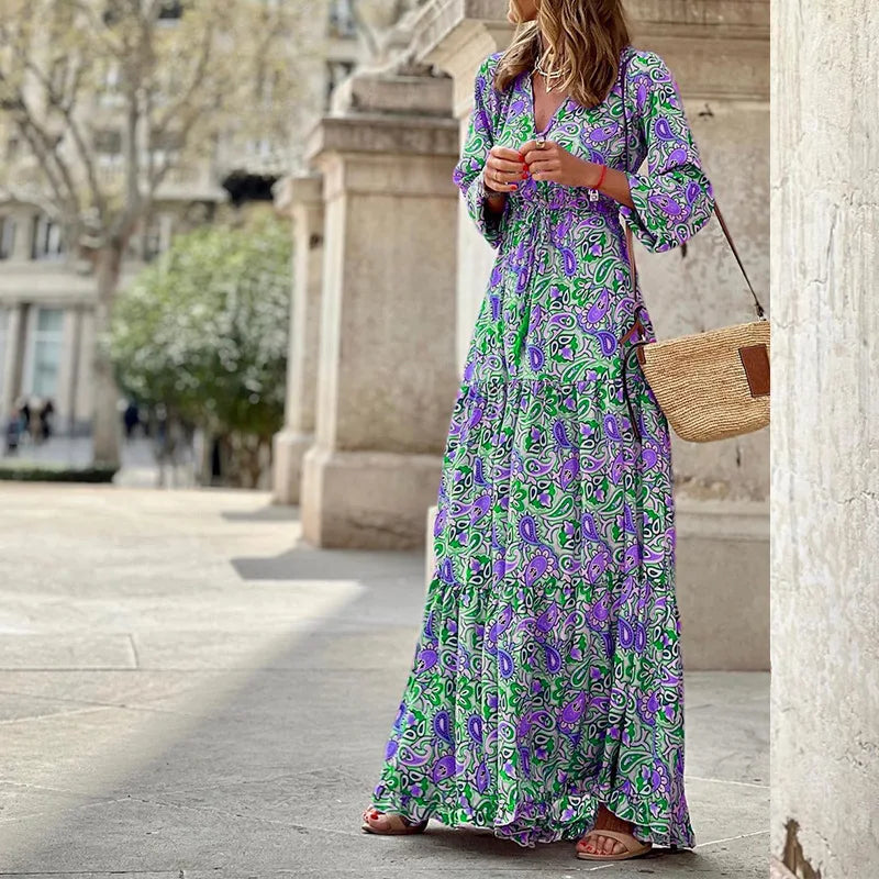 Women’s Boho Print V-Neck Long Sleeve Maxi Dress