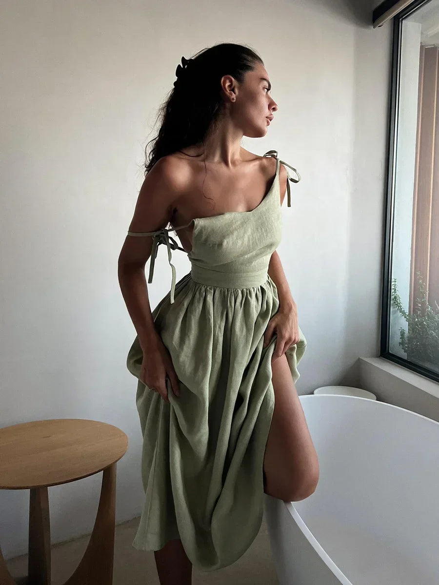 Cotton V-Neck Beach Dress – Sleeveless A-Line Midi