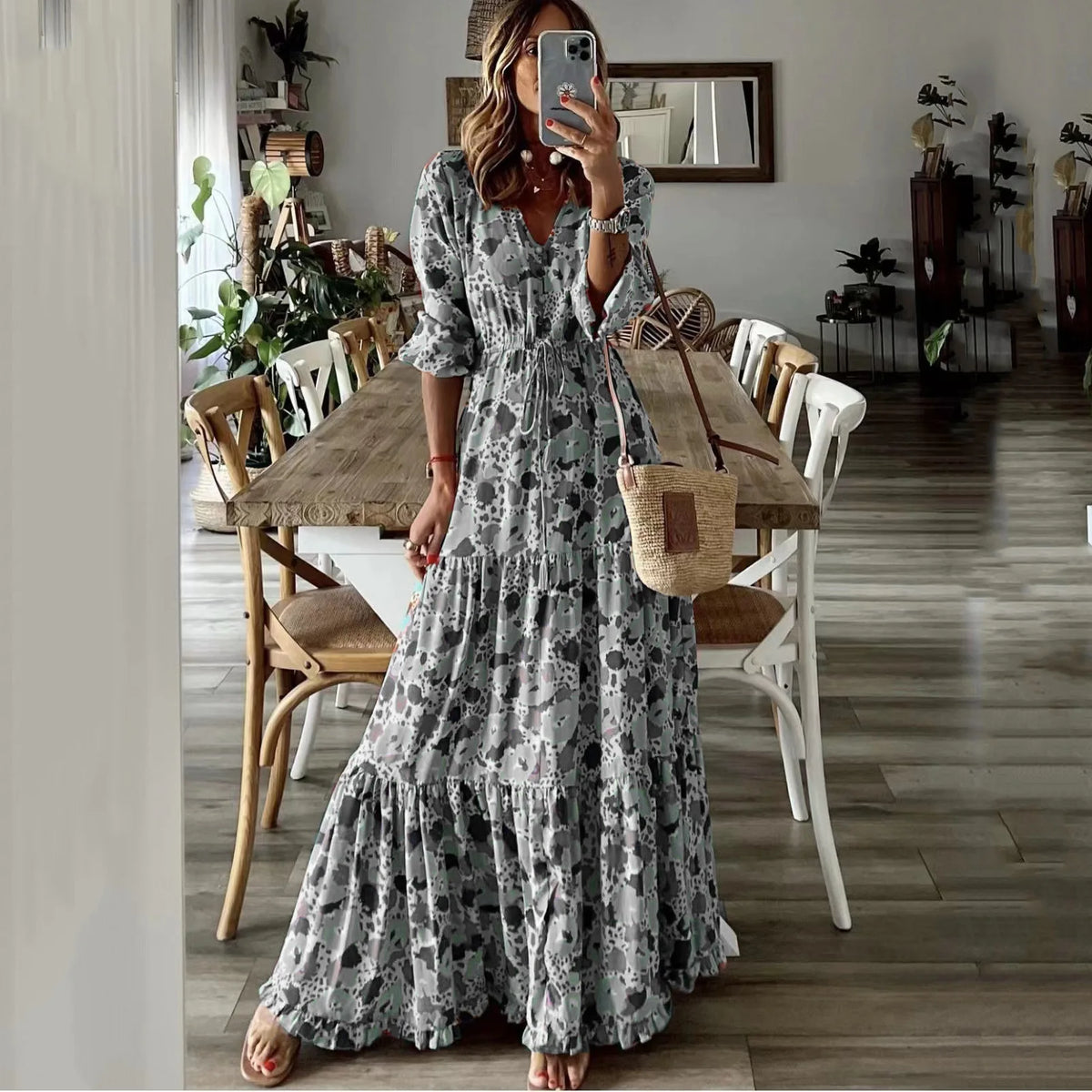 GRAY Color Women’s Boho Print V-Neck Long Sleeve Maxi Dress