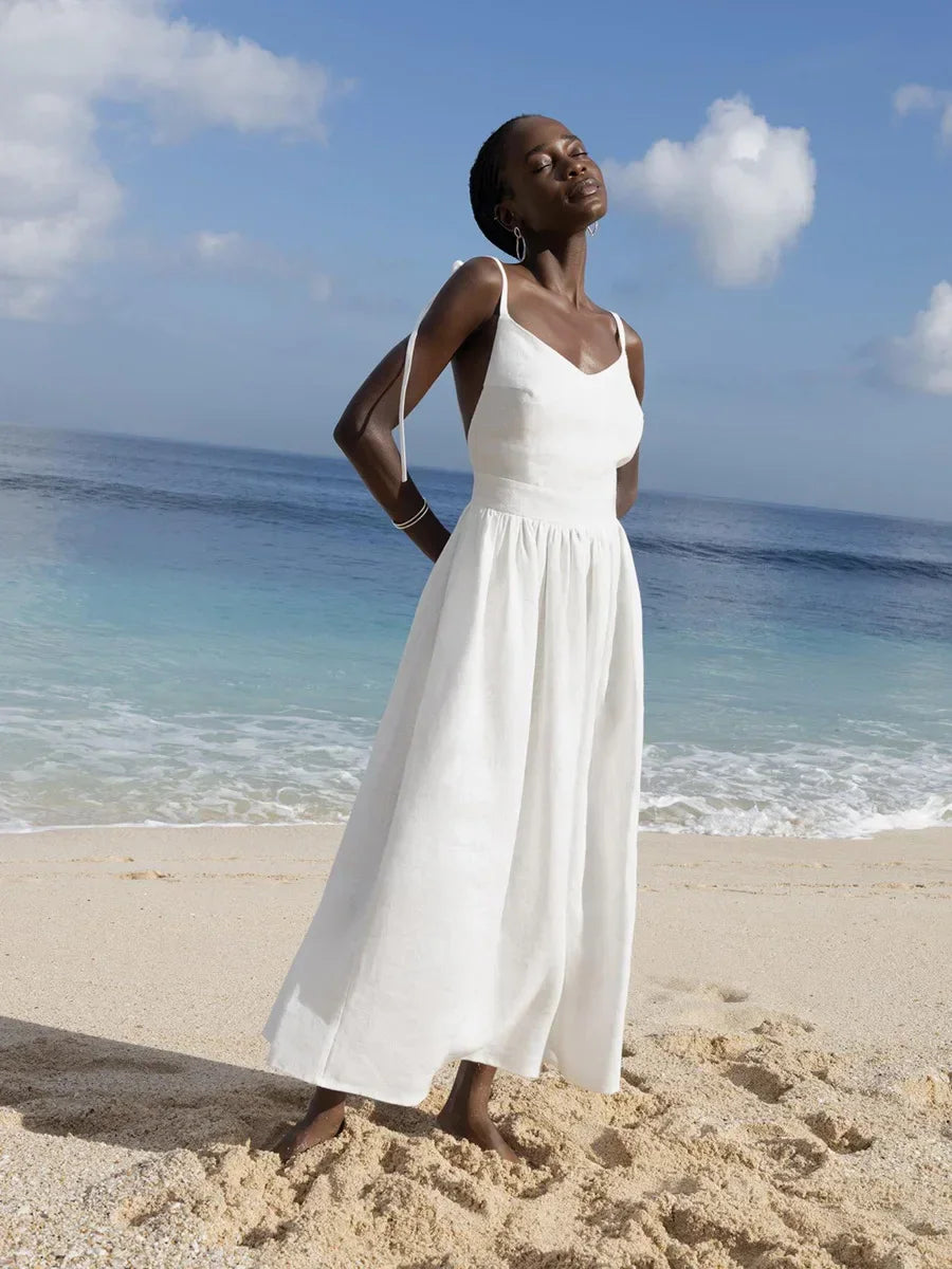 Cotton V-Neck Beach Dress – Sleeveless A-Line Midi