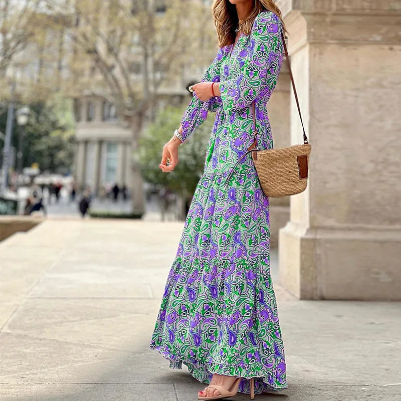 Women’s Boho Print V-Neck Long Sleeve Maxi Dress
