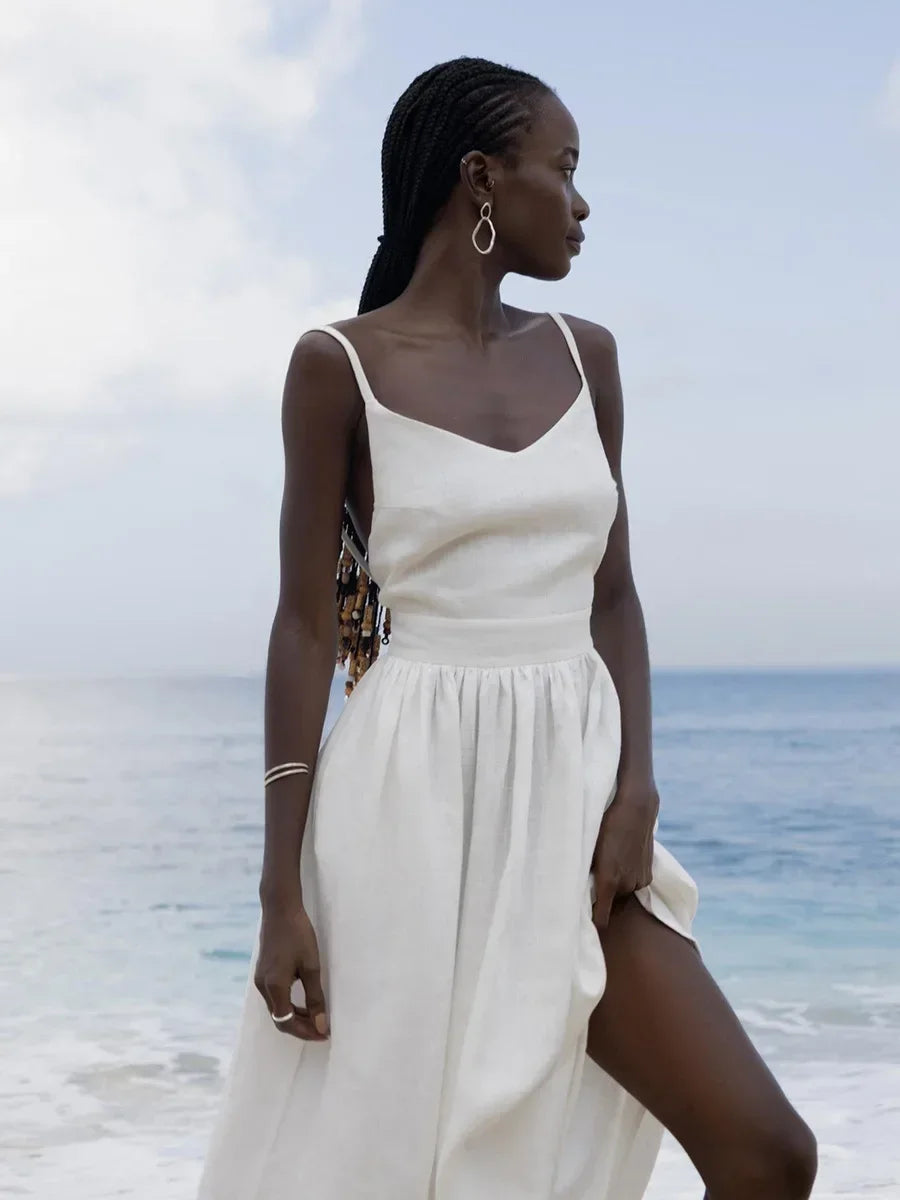 Cotton V-Neck Beach Dress – Sleeveless A-Line Midi
