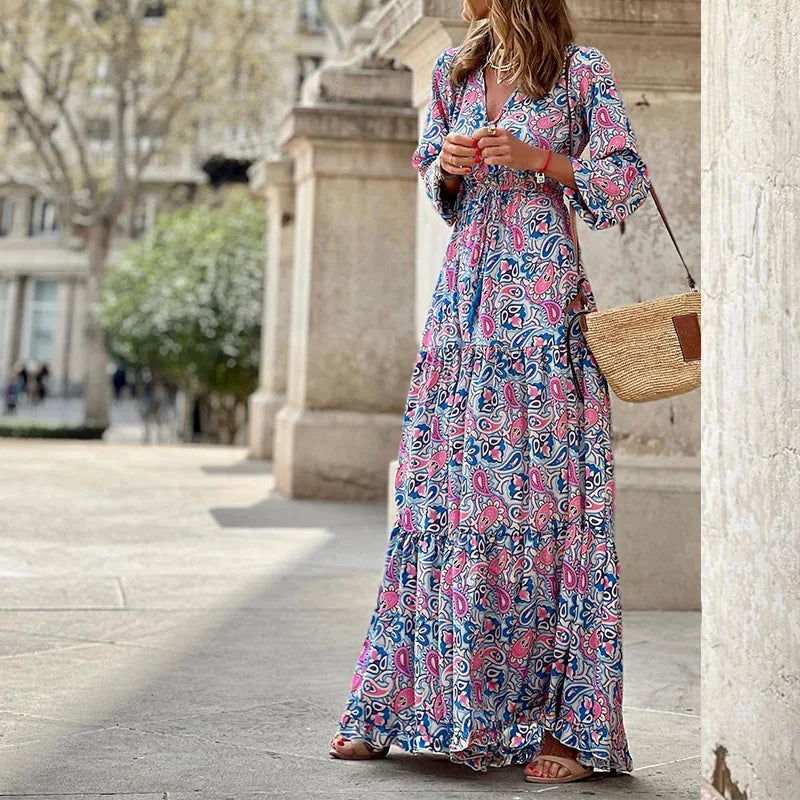 Women’s Boho Print V-Neck Long Sleeve Maxi Dress