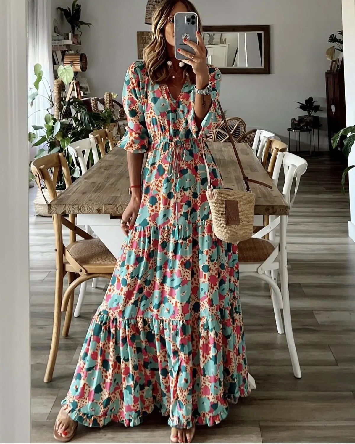 Brown Color Women’s Boho Print V-Neck Long Sleeve Maxi Dress