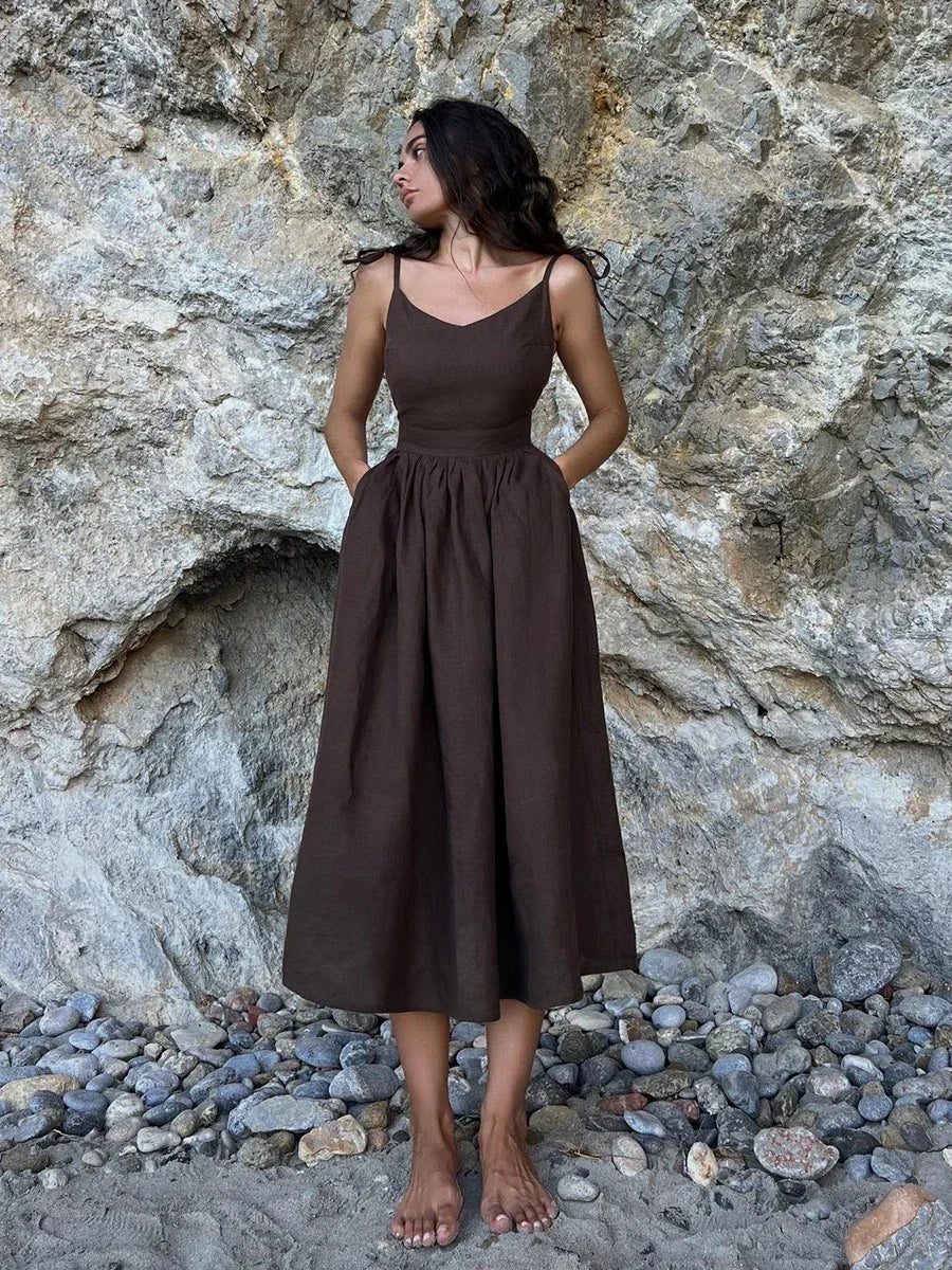 Coffee Color Cotton V-Neck Beach Dress – Sleeveless A-Line Midi