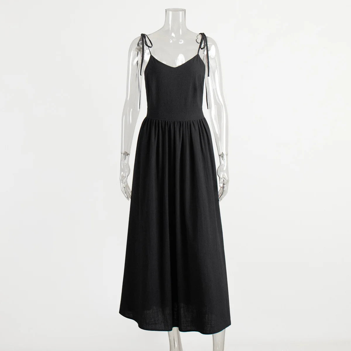 black Color Cotton V-Neck Beach Dress – Sleeveless A-Line Midi