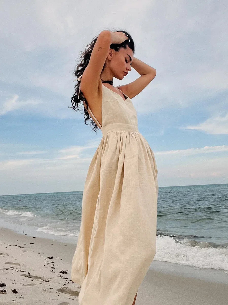 Cotton V-Neck Beach Dress – Sleeveless A-Line Midi