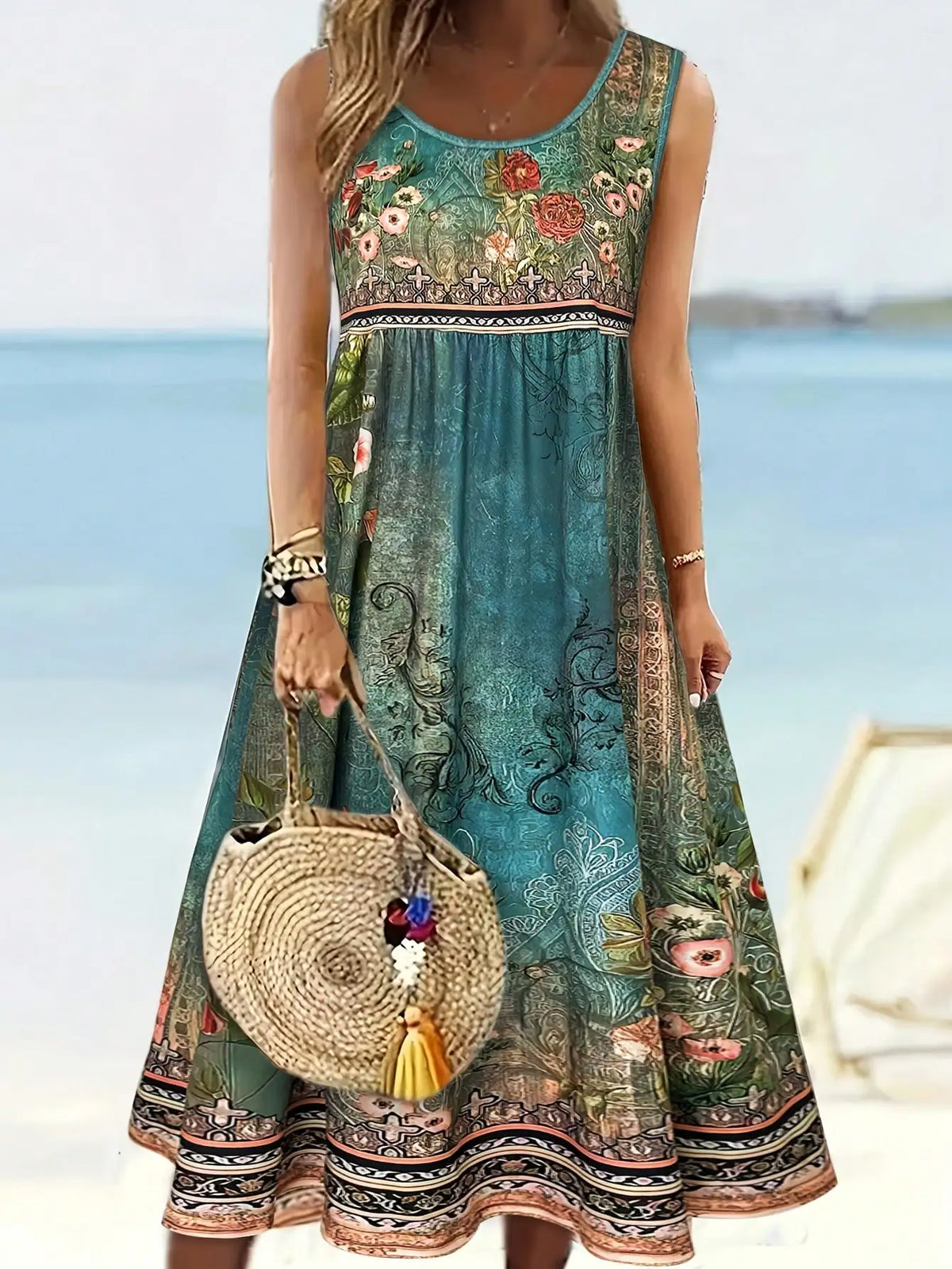 Women’s Boho Floral A-Line Midi Dress With High Waist
