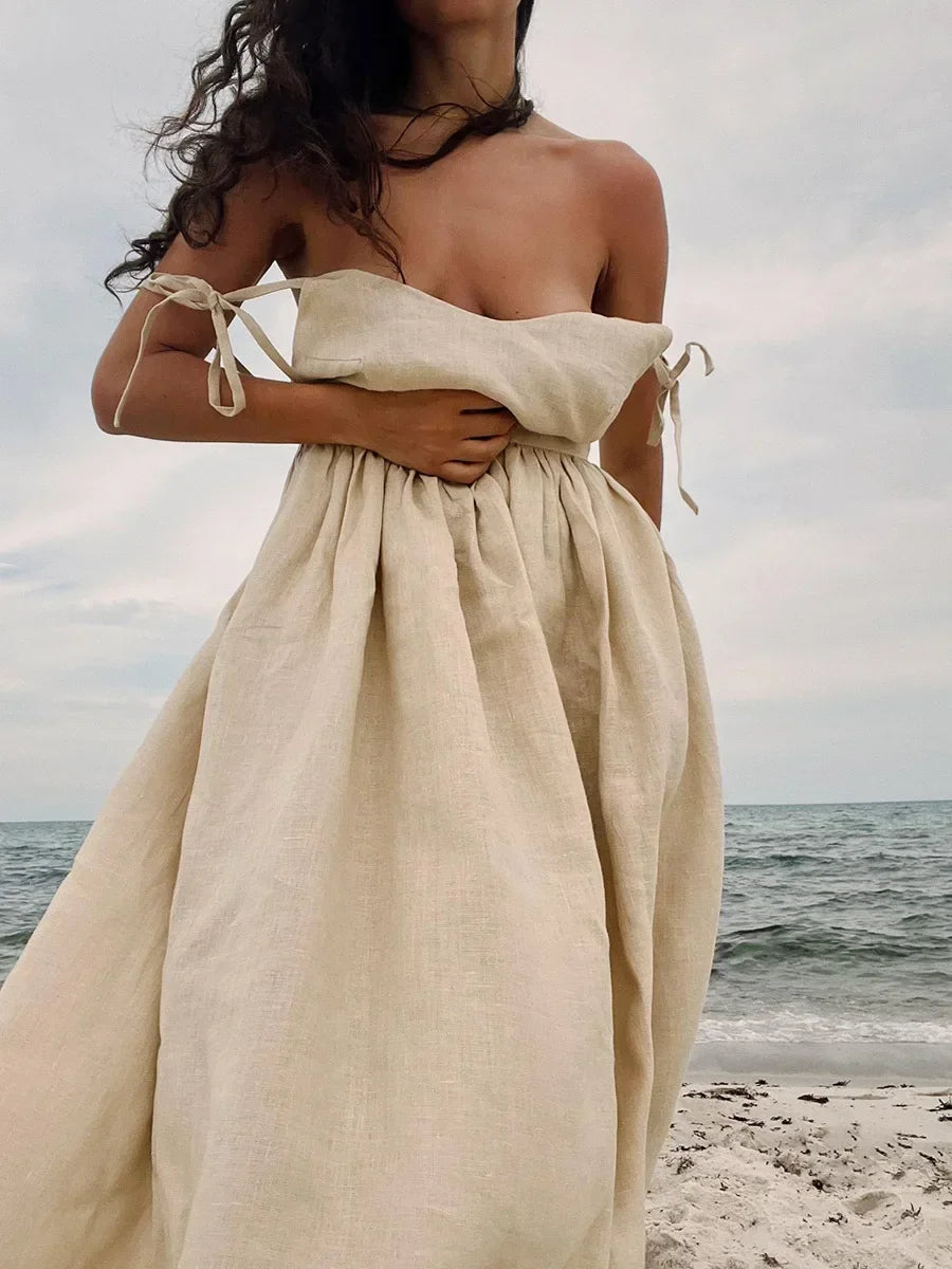 Cotton V-Neck Beach Dress – Sleeveless A-Line Midi