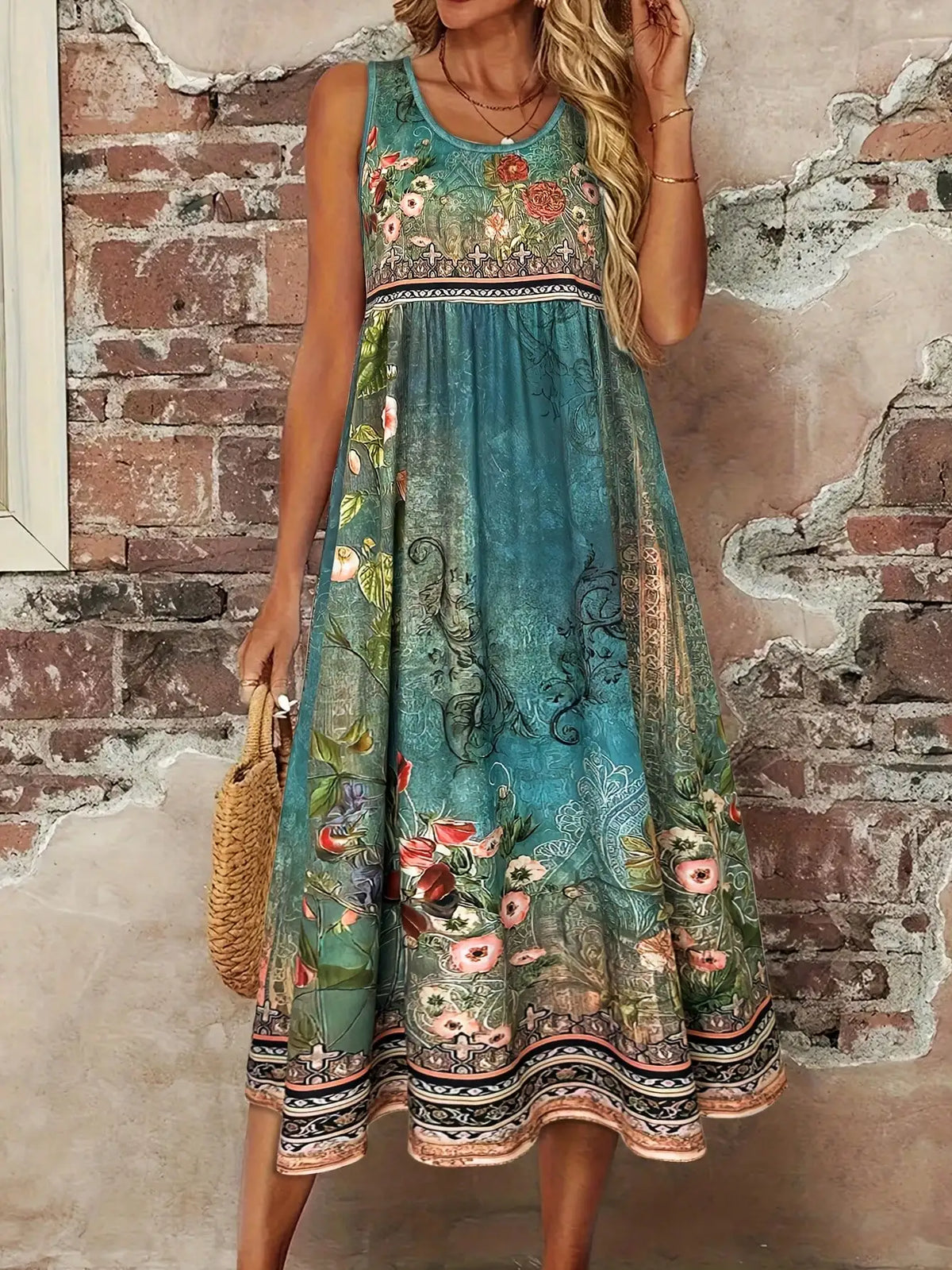 Women’s Boho Floral A-Line Midi Dress With High Waist