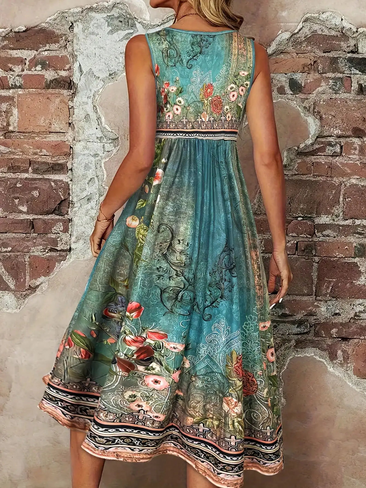 Women’s Boho Floral A-Line Midi Dress With High Waist